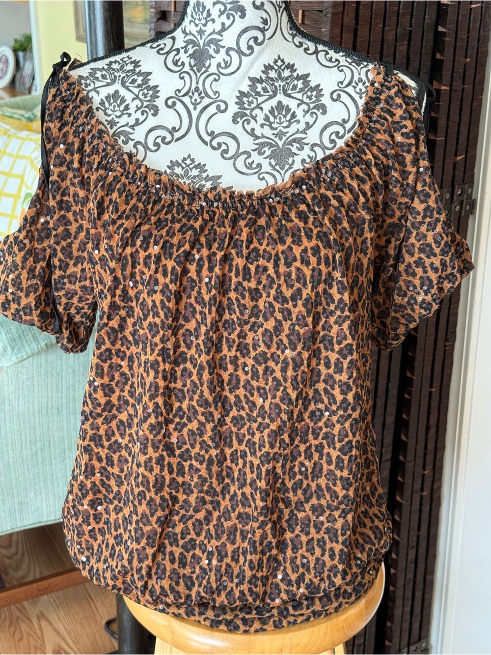 Express Leopard Print Sequin Cold Shoulder Blouse Medium Y2K Inspired